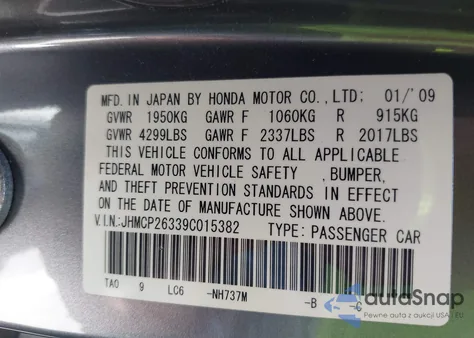 2009 Honda Accord 2.4 Lx из США, поврежденный, VIN JHMCP26339C015382